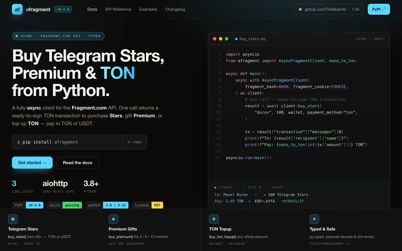 afragment — Buy Telegram Stars & TON in Python. Designed and built by Lotumi.