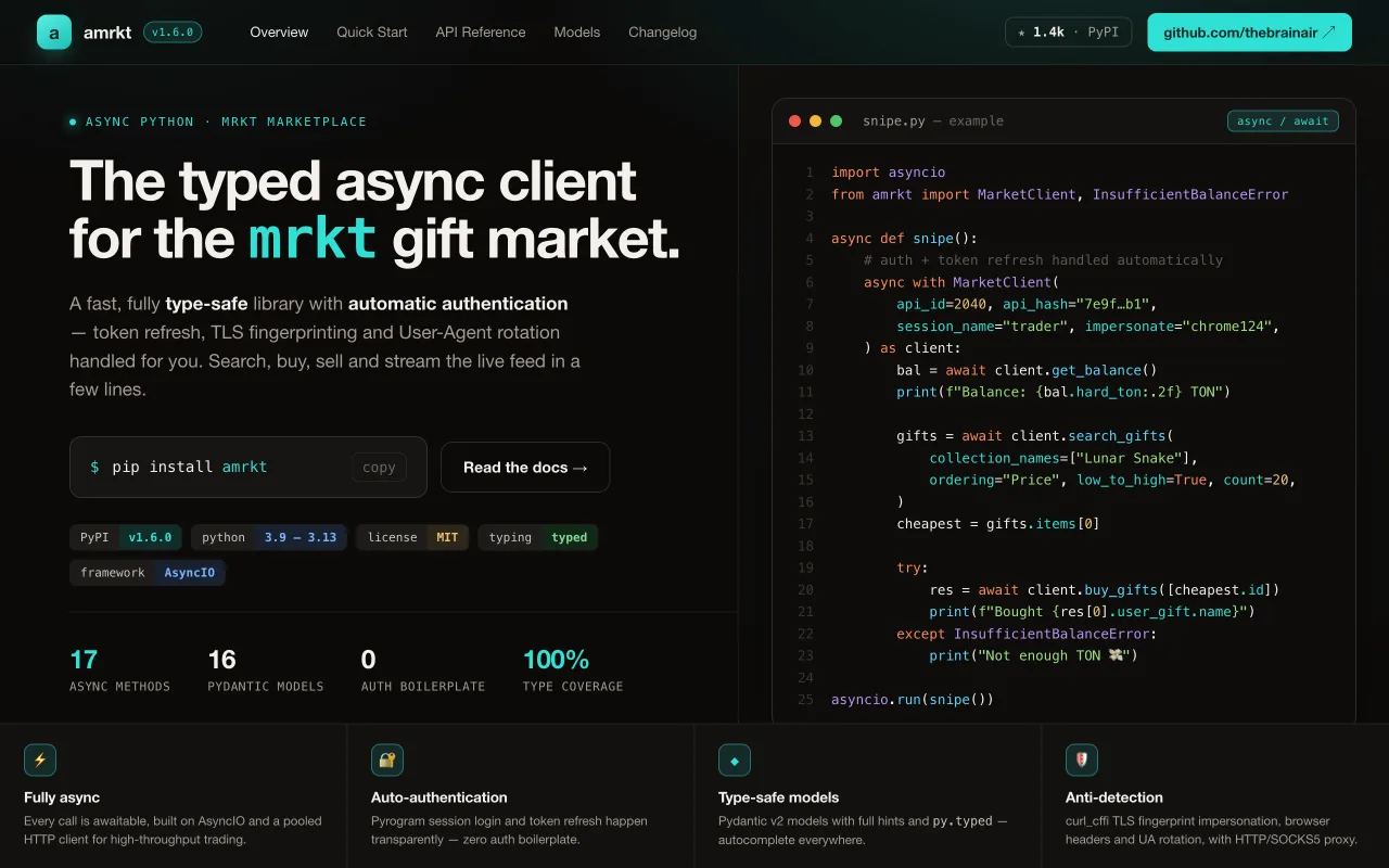 amrkt — Typed async client for the mrkt market. Designed and built by Lotumi.