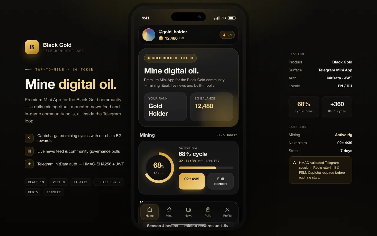 Black Gold — Mine digital oil in Telegram. Designed and built by Lotumi.