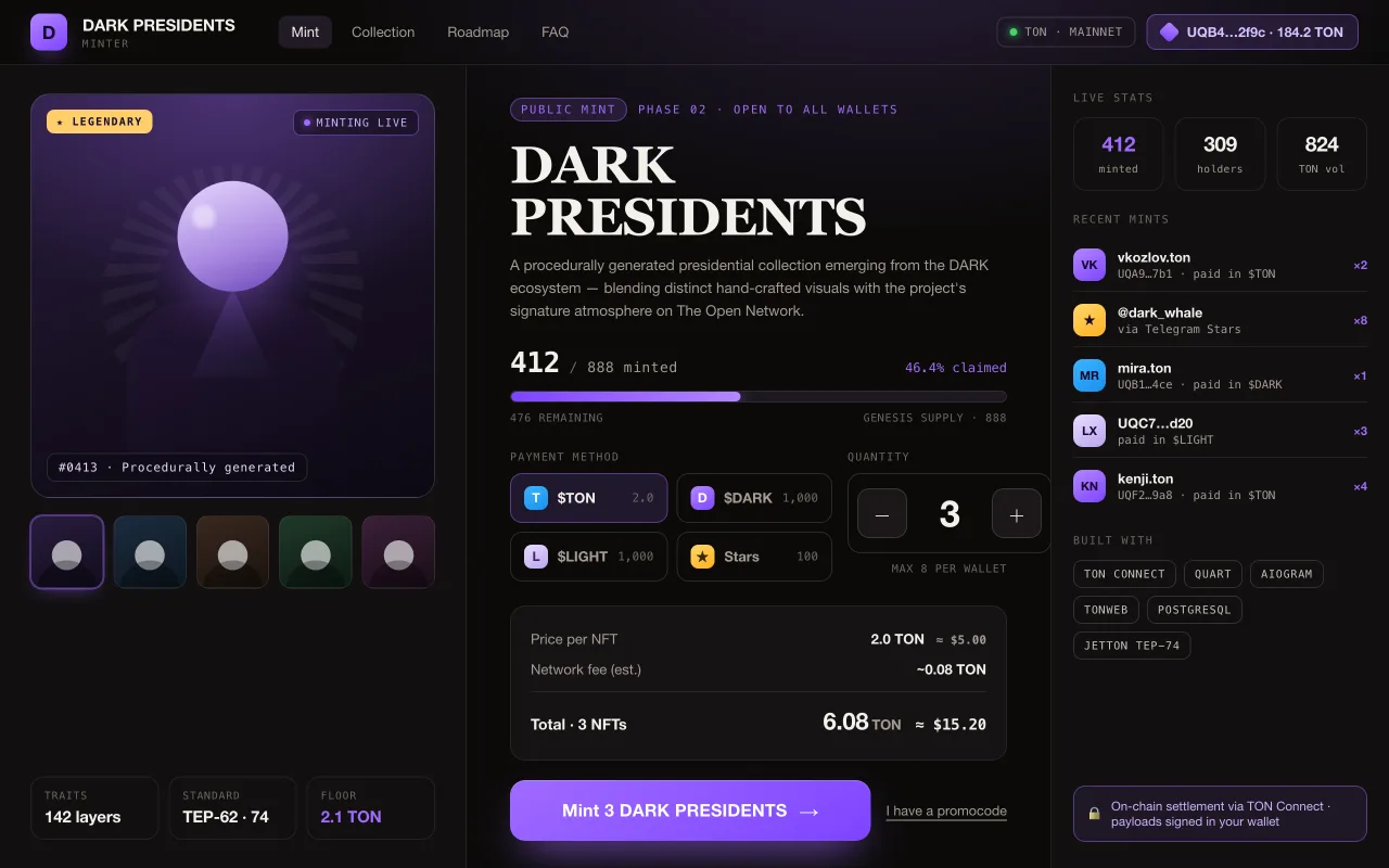Dark Presidents — On-chain NFT mint on TON. Designed and built by Lotumi.