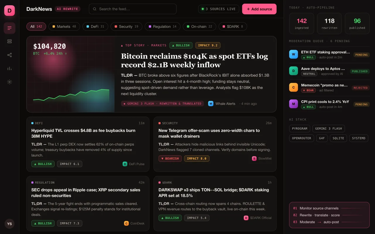 DarkNews AI — AI crypto-news rewriter & poster. Designed and built by Lotumi.