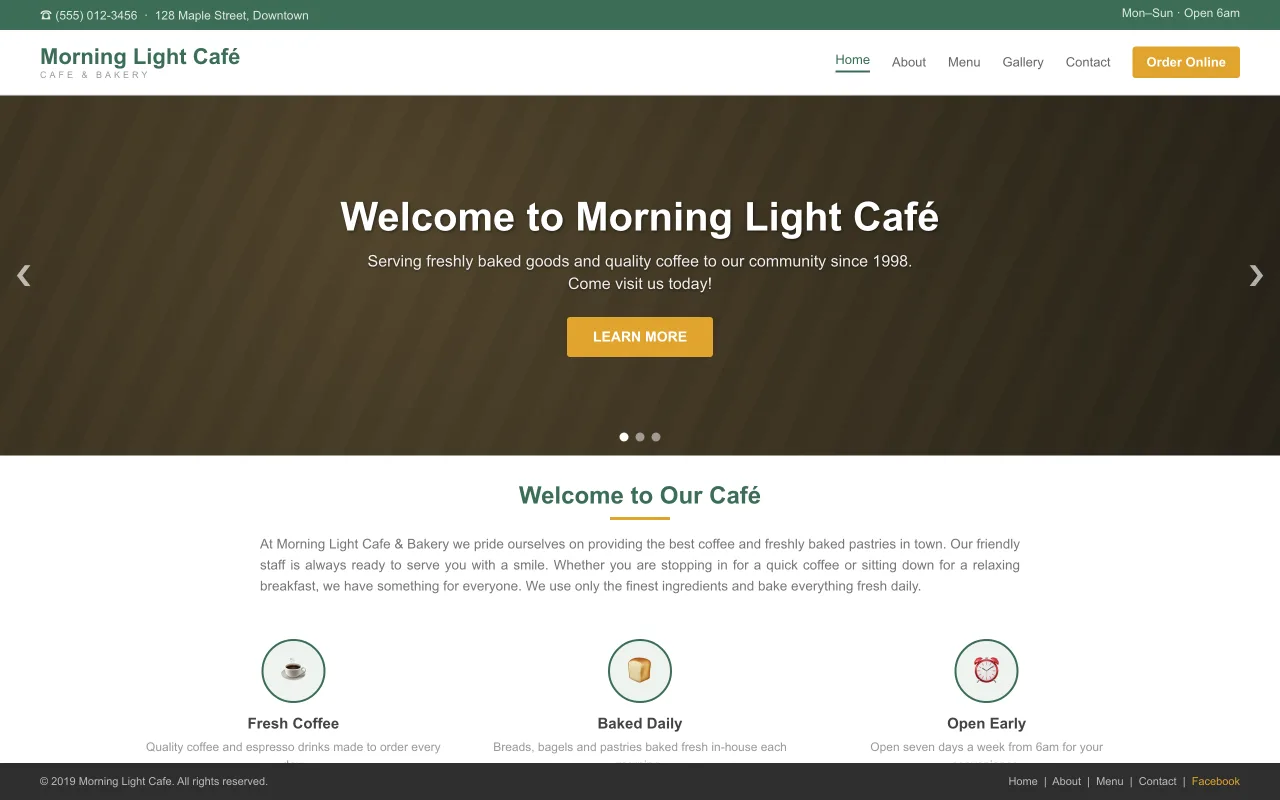 A dated, generic cafe website template — flat and forgettable