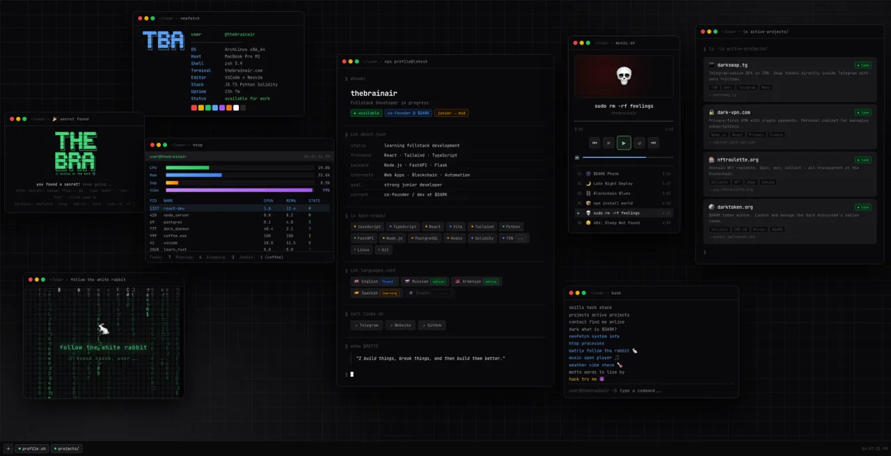 thebrainair — Terminal-style developer portfolio. Designed and built by Lotumi.