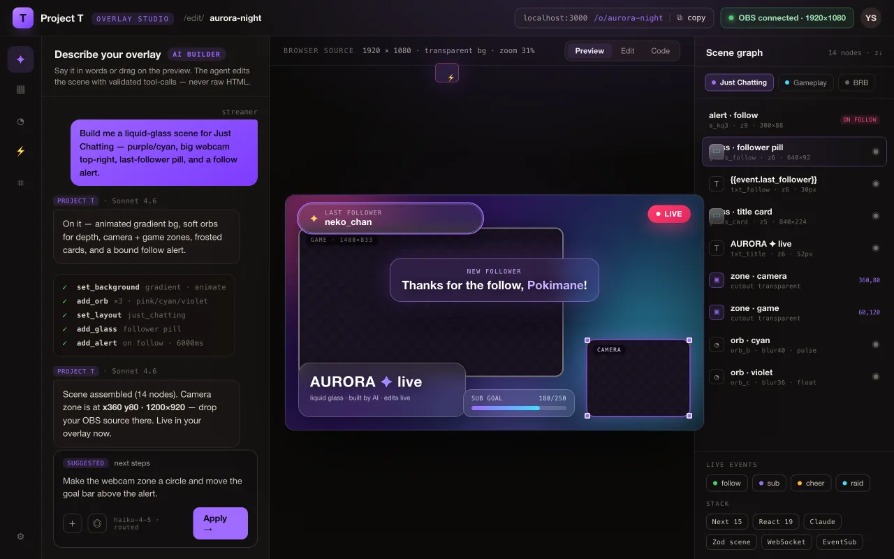 Project T — AI stream overlays, built by chat. Designed and built by Lotumi.